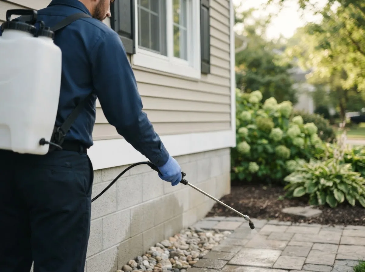 Pest control technician inspecting a home in Cornland, IL
